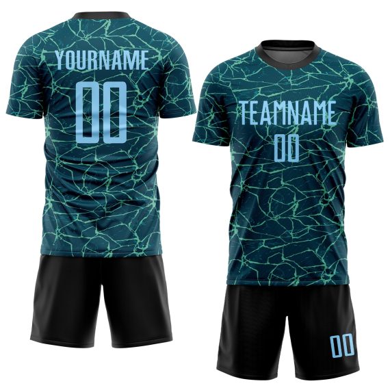 Custom Aqua Light Blue-Black Sublimation Soccer Uniform Jersey